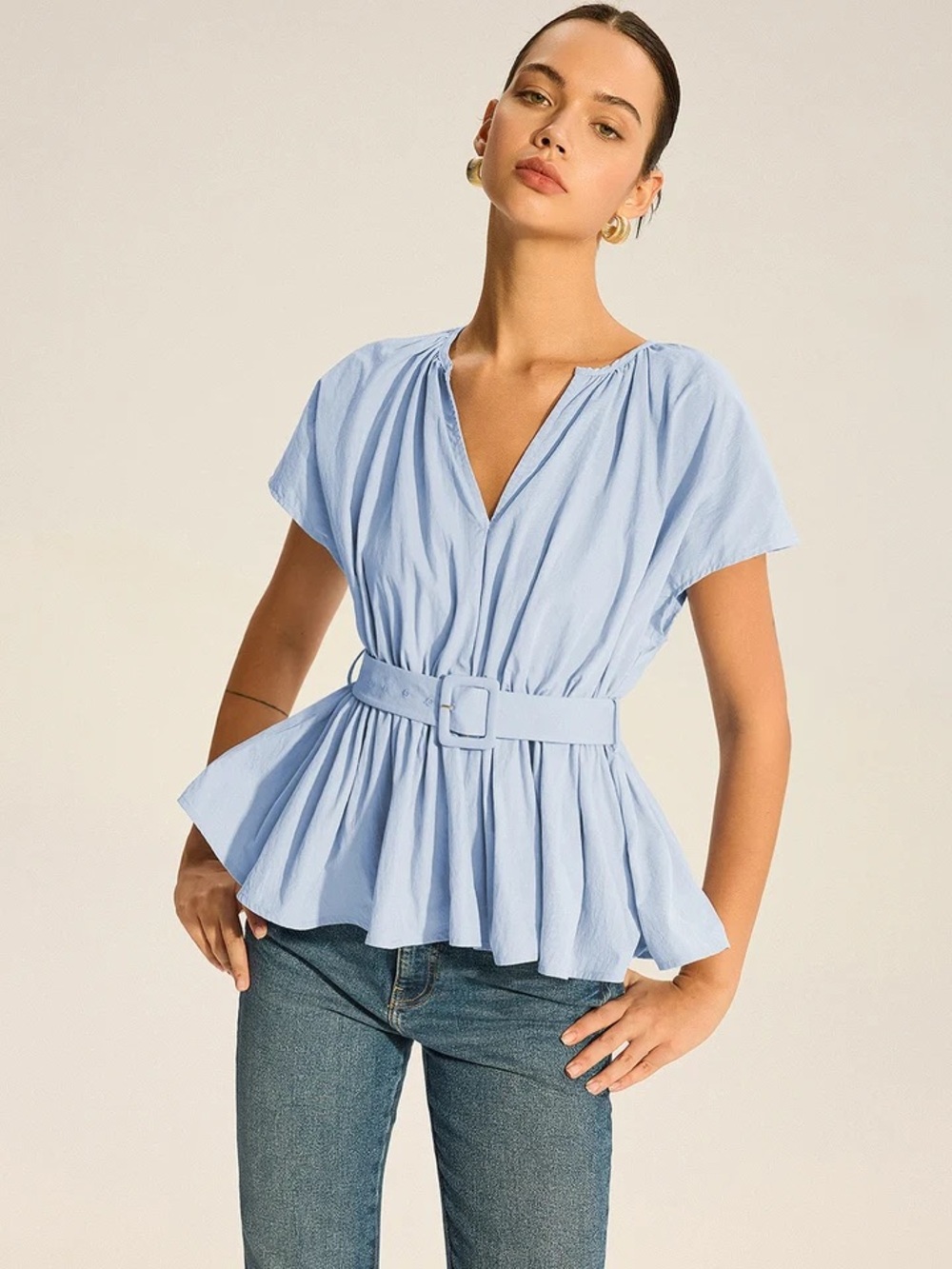 NWT COMMENSE Blue Belted V-neck pleated peplum top Women’s Small